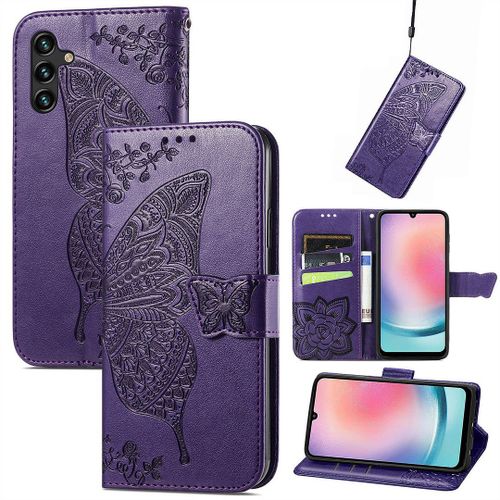 Saturcase Coque Pour Samsung Galaxy A24 4g, Papillon Fleurs Pu Cuir Magnétique Flip Portefeuille Support Porte-Carte Protecteur Housse Étui Avec Dragonne Pour Samsung Galaxy A24 4g (Hf-Violet)