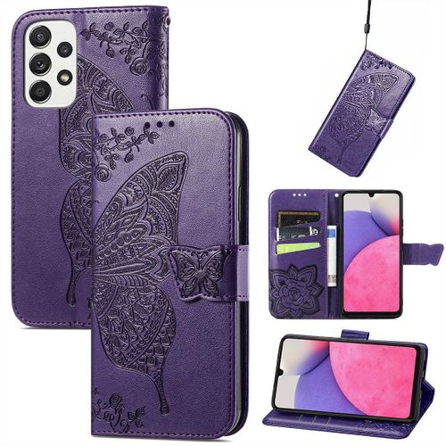 Saturcase Coque Pour Samsung Galaxy A33 5g, Papillon Fleurs Pu Cuir Magnétique Flip Portefeuille Support Porte-Carte Protecteur Housse Étui Avec Dragonne Pour Samsung Galaxy A33 5g (Hf-Violet)