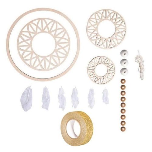 Kit attrape rêves XL + Disque bois ø 18 cm, perles, ficelle, plumes + masking tape doré à paillettes