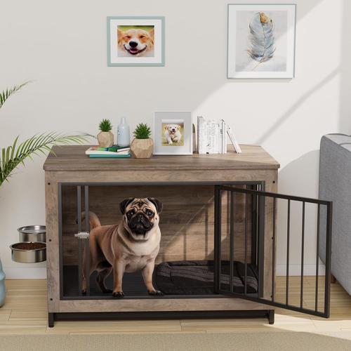 Cage Pour Chien Interieur, 93x64x58cm, Caisse Pour Chien Avec 2 Gamelles Et Portes Pour Chien, Avec Plateau Amovible, Jusqu'à 40 Kg, Bois