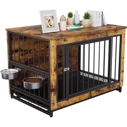 Cage Pour Chien Interieur, 93x64x58cm, Cage Chien Xxl En Bois, Caisse Pour Chien Avec 2 Gamelles Et Portes Pour Chien, Avec Plateau Amovible, Bois