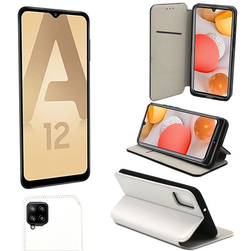 Samsung Galaxy A12 4g Etui Protection Portefeuille Blanc À Rabat Avec Porte Cartes - Housse Galaxy A12 Folio Blanche Coque Silicone Antichoc Smartphone 2021 - Accessoires Pochette Case