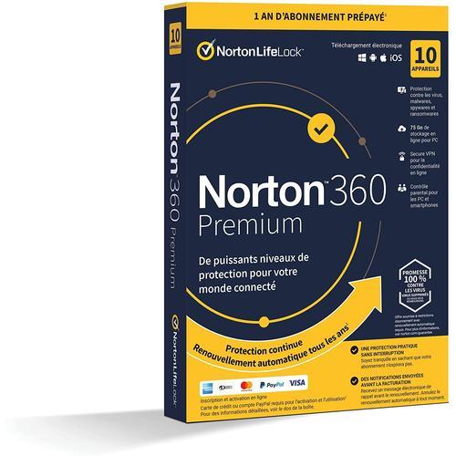 Norton 360 Premium 2021 | 10 Appareils | Protection Pc, Mobile Windows, Mac, Android Phone, Antivirus, Sécurité Internet, Gestion Mots De Passe, Protection Webcam, Vpn, 75 Go Stockage Cloud | 1 An | P