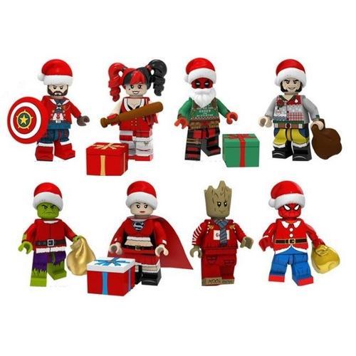 8 Figures Construction Santa Claus Navidad Papa Noel Père Noël (Capitan America, Harley Quinn, Deadpool, Wolverine, Supergirl Spiderman, Arbol