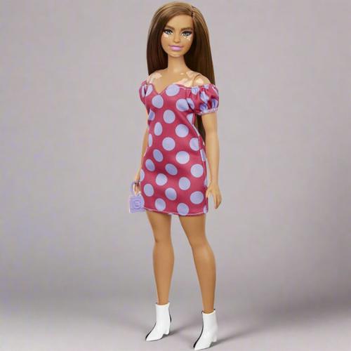 Barbie Fashionistas Doll Curvy Vitiligo Long Brunette Hair Polka Dot Dress