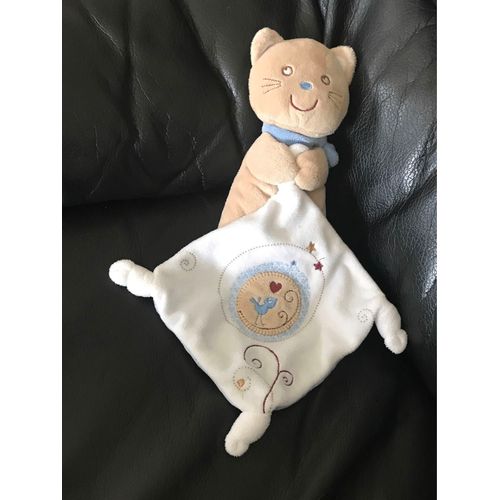 Doudou Peluche Pommette Chat Beige Marron Mouchoir Blanc Bleu Oiseau 