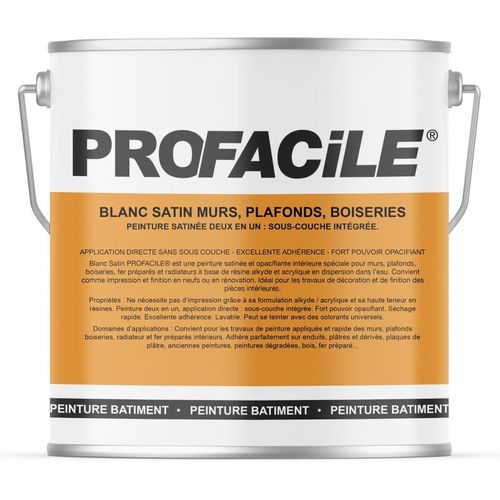 Peinture blanc satin intérieur murs, plafonds, plâtres, fer, bois, radiateur, 2 en 1, Impression et Finition PROFACILE 5 litres