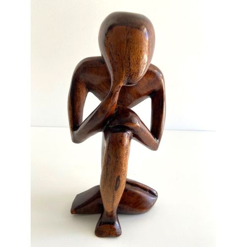 Sculpture Statue Figurine "Le Penseur" Bois Naturel Sculpté Art Design Vintage