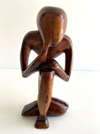 Sculpture Statue Figurine "Le Penseur" Bois Naturel Sculpté Art Design Vintage