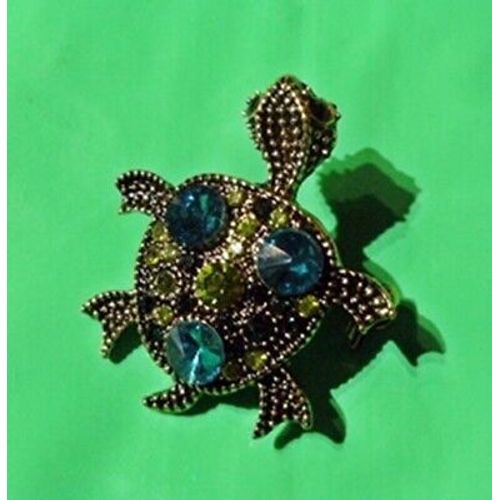 Broche Métal - Jolie Petite Tortue - Strasses Vert --