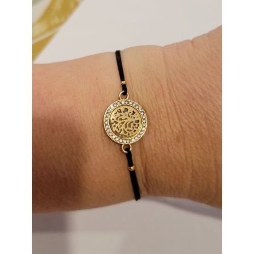 Bracelet Fil Noir Arbre De Vie Dore Strass