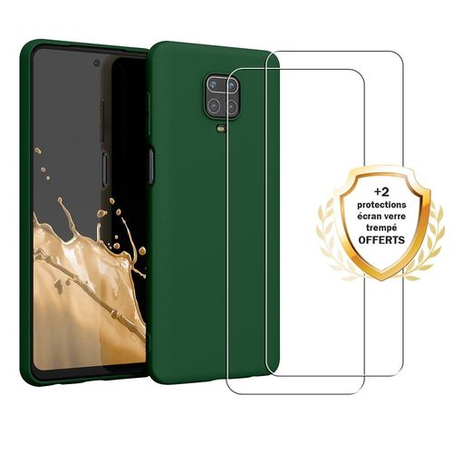 Coque Xiaomi Redmi Note 9s/ 9 Pro/9 Pro Max Silicone Liquide Verte + 2 Vitres En Verre Trempé Protection Écran Antichocs Evetane