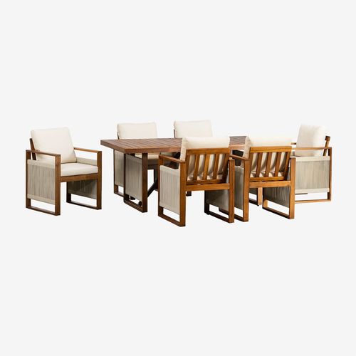 Ensemble Table Rectangulaire (200x100 Cm) Et 6 Chaises De Salle À Manger Avec Accoudoirs En Bois D'acacia Nayely Brun Acacia