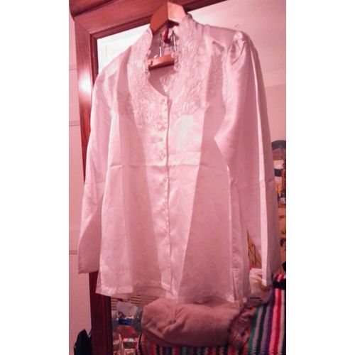 Chemise Sans Col Blanche Haut Brodé Épaulettes 44 Xxl Neuve.