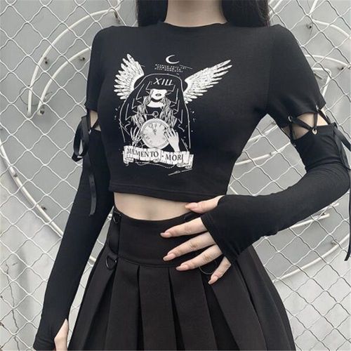 Expédié De France Top Haut Pull Femme Fille Noir Lacet Horloge Gothique Goth Punk Rock Hip Hop Ailes Ange