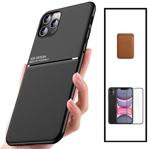 Kit Coque Magnétique Lux + Portefeuille Magnétique Marron + 5d Full Cover Pour Iphone 11