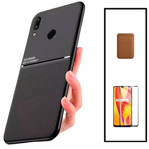 Kit Coque Magnétique Lux + Portefeuille Magnétique Marron + 5d Full Cover Pour Huawei P Smart 2019