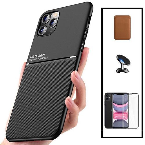 Kit Coque Magnétique Lux + Portefeuille Magnétique Marron + 5d Full Cover + Support Magnétique Pour Iphone 11