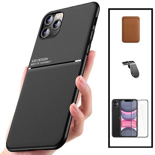 Kit Coque Magnétique Lux + Portefeuille Magnétique Marron + 5d Full Cover + Support Magnétique L Pour Iphone 11