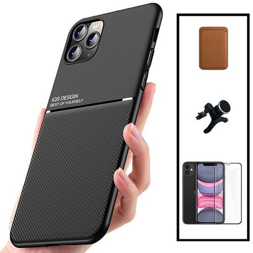 Kit Coque Magnétique Lux + Portefeuille Magnétique Marron + 5d Full Cover + Support Magnétique Renforcé Pour Iphone 11
