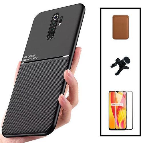 Kit Coque Magnétique Lux + Portefeuille Magnétique Marron + 5d Full Cover + Support Magnétique Renforcé Pour Xiaomi Redmi 9