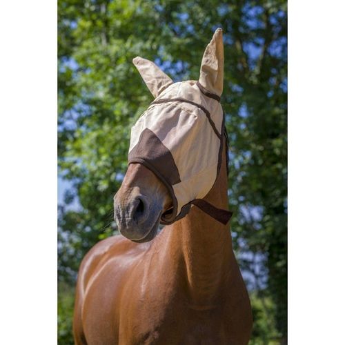 Masque Anti-Mouches Equithème "Fly Protector" - Couleur : Caramel, Passepoil Brun, Taille : Pur-Sang, Équitation