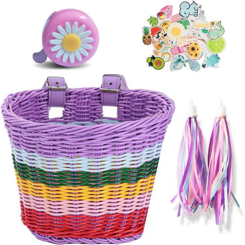 Panier Vélo Enfants - Aqsacokiya - Avec Sangle Réglable,Sonnette Rubans Tassels Diy Accessoire De Velo Décoration - Rainbow