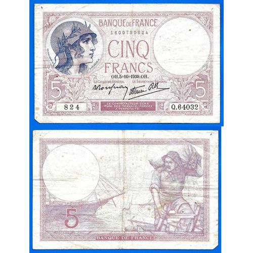 France 5 Francs 1939 Minerve Violet Billet Franc Frcs Frc Frs