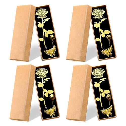 Lot De 4 Marque-Pages En Métal Avec Rose Dorée Pour La Saint-Valentin Marque-Pages En Métal Avec Pendentif Papillon 3d Et Boîte