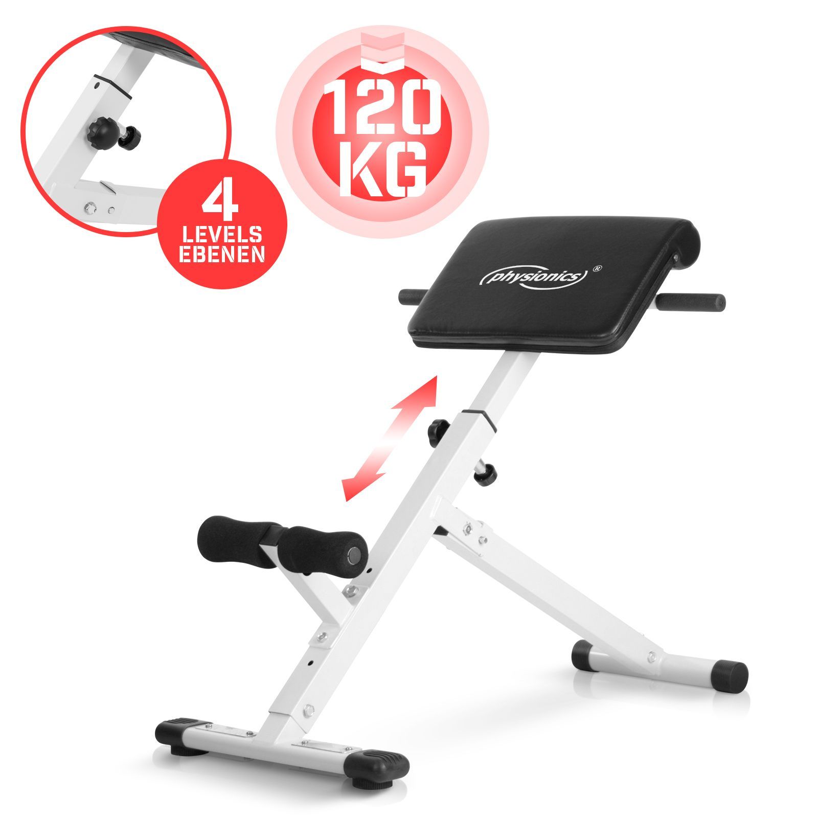 Physionics® Banc De Musculation Pour Dos - Pliable, Réglable En Hauteur (4 Positions), 45°, Charge Max. 120 Kg - Appareil Hyper Extension, Pour Abdominaux, Fitness