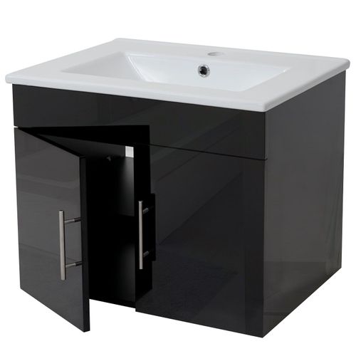 Lavabo + Meuble Sous Évier Hwc-D16, Meuble Sous Vasque, Poli Miroir 60cm   Noir