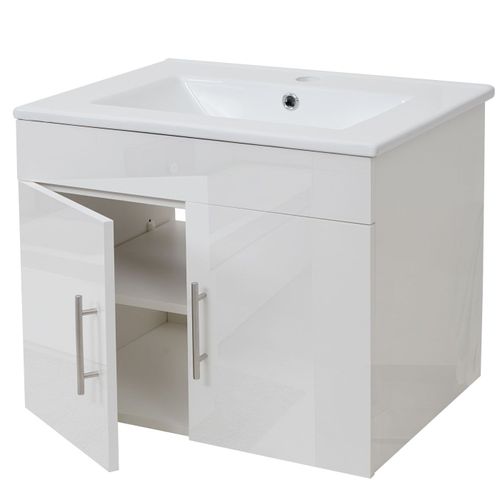 Lavabo + Meuble Sous Évier Hwc-D16, Meuble Sous Vasque, Poli Miroir 60cm   Blanc