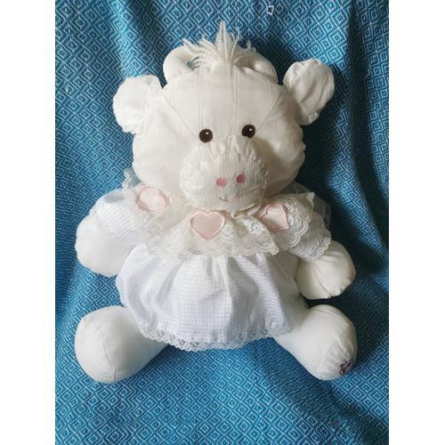 Doudou Peluche Vache Blanche Robe Dentelle Coeurs Rose Puffalump Fisher Price Vintage Toile Parachute