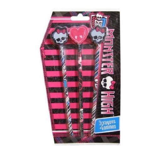 3 Crayons À Bois + Gommes Monster High - Fourniture Scolaire / Fille / Papeterie