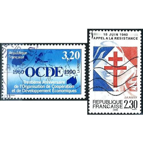 France 1990, Beaux Timbres Yvert 2656, 50 Ans De L'appel Du 18 Juin 1940 - À La Résistance Et 2673, 30 Ans De L'ocde, Oblitérés, Tbe