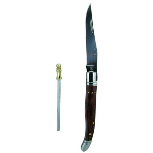 Set couteau pliant avec aiguiseur - Inox et bois de pakka - Etui en cuir