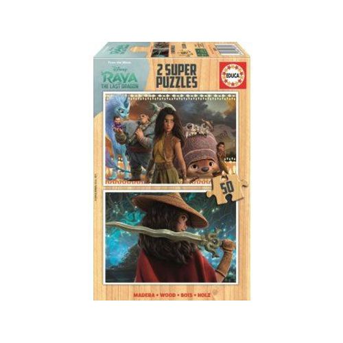 Coffret 2 Puzzles En Bois Enfant : 50 Pieces - Raya Et Le Dernier Dragon - Tuk Et Sisu - Collection Princesse Disney