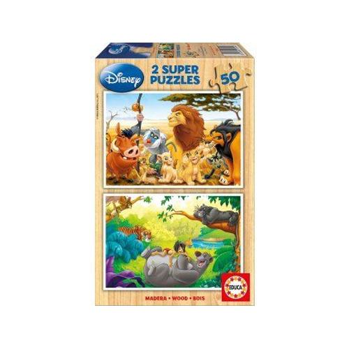 Coffret 2 Puzzles En Bois Enfant : 50 Pieces - Roi Lion : Simba Nala Timon Pumbaa - Livre De La Jungle Baloo Mowgli Bagheera Shere Khan - Educa Disney