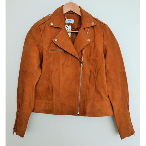 Veste Perfecto Cognac. Marron. Zip. Betty London. Cuir Chevre Velours. Taille 38