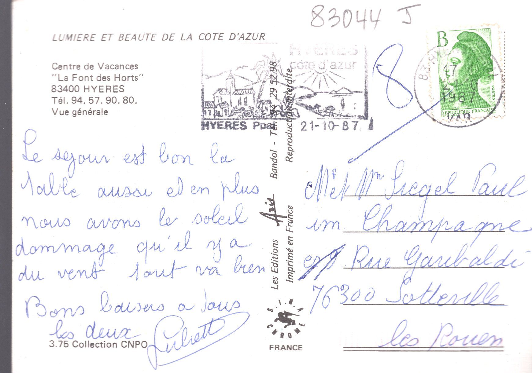 Carte Postale De Hyeres Var Centre De Vacances La Font Des Horts Cnpo Rakuten