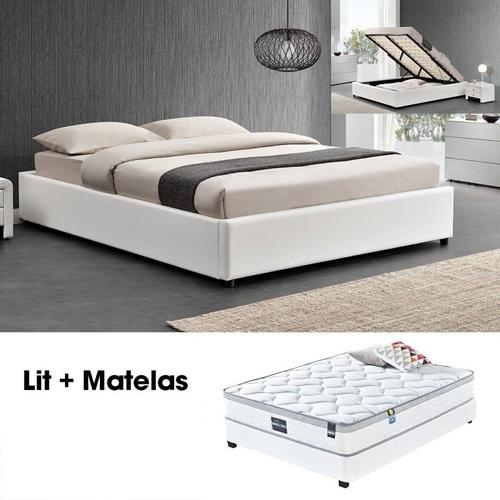 Ensemble Matelas + Sommier Coffre 160 Blanc