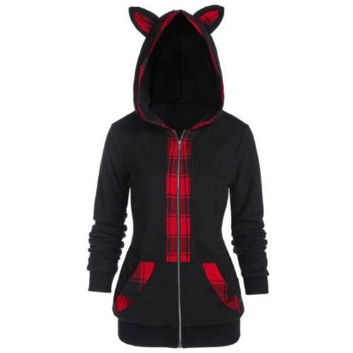 Expédié De France Sweat Chat Oreille Femme Fille Rouge Noir Écossaise Mi Saison Top Veste Capuche Haut Pull Goth Gotique