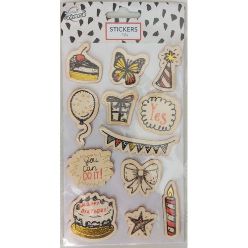12 Stickers En Bois Décoré - Thème Anniversaire - Scrapbooking, Carterie, Décoration...