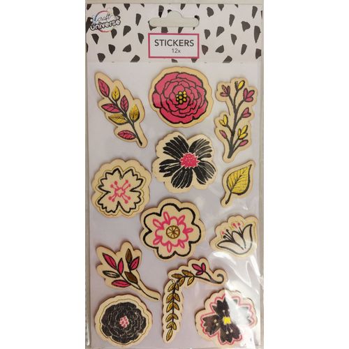 12 Stickers En Bois Décoré - Thème Fleurs - Scrapbooking, Carterie, Décoration...
