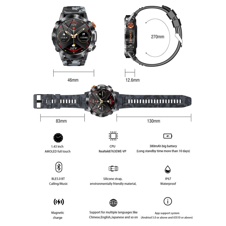 K59 Ip67 Bt5.0 1,43inch Smart Watch Support Appel Vocal / D... - 2