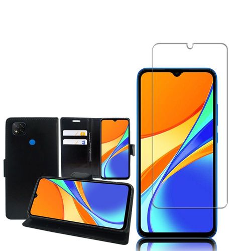 Etui Portefeuille Pour Xiaomi Redmi 9c/ 9c Nfc/ Redmi 9 (India) 6.53" Support Video Cuir Pu - Noir + 1 Film Verre Trempé - Transparent