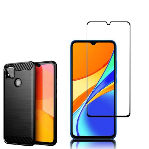 Coque Silicone Tpu Pour Xiaomi Redmi 9c/ 9c Nfc/ Redmi 9 (India) 6.53" Fibre De Carbone Brossé - Noir + 1 Film Verre Trempé - Noir