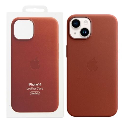 Original Apple - Pour iPhone 14 - Etui Coque Rigide Revêtement en Cuir Véritable Housse Pochette Face Arrière origine avec Magsafe de Couleur Marron Terre d¿Ombre
