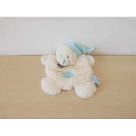 DOUDOU ET COMPAGNIE OURS CORPS PLAT BLANC COL BLEU BONNET