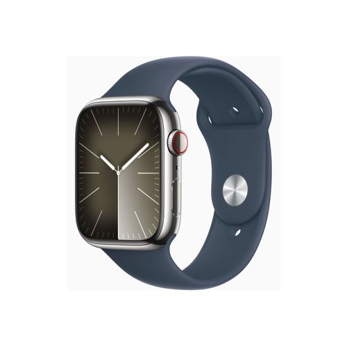 Apple Watch Series 9 Gps + Cellular - Boîtier Acier Inoxydable 45 Mm Argent Bleu Orage - Bracelet S/M